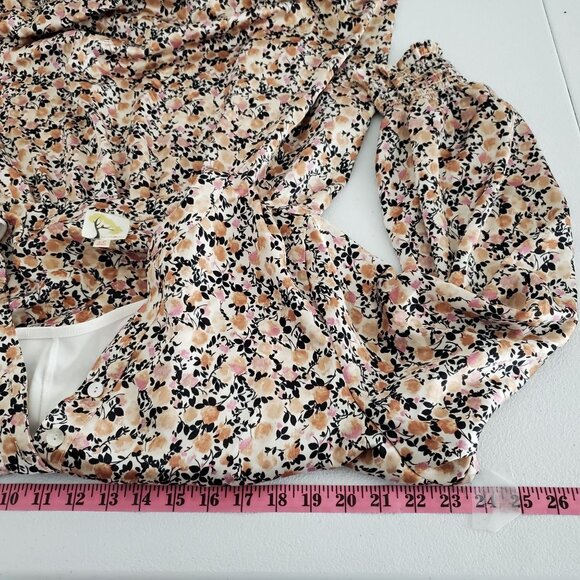 Fig & Flower Womens Silky Floral Long Sleeve Smocked Waist Dress XL S Slit Neck - Picture 9 of 12